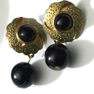 Vintage Black and Gold Tone Pierce Drop Globe Earrings
